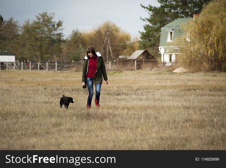 Woman Wearing Brown Zip-up Jacket and Blue Denim Jeans Walking Beside Short-coated Black Dog at Daytime