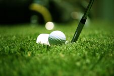 Golf Club And Golf Ball Close Up In Grass Field With Sunset. Golf Ball Close Up In Golf Coures Royalty Free Stock Photography