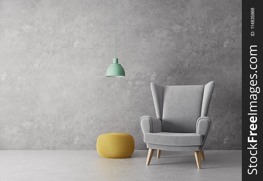 Modern living room with armchair and lamp. scandinavian interior design furniture. 3d render illustration