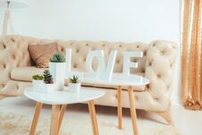 Living Room, Sofa, Love Inscription Stock Image