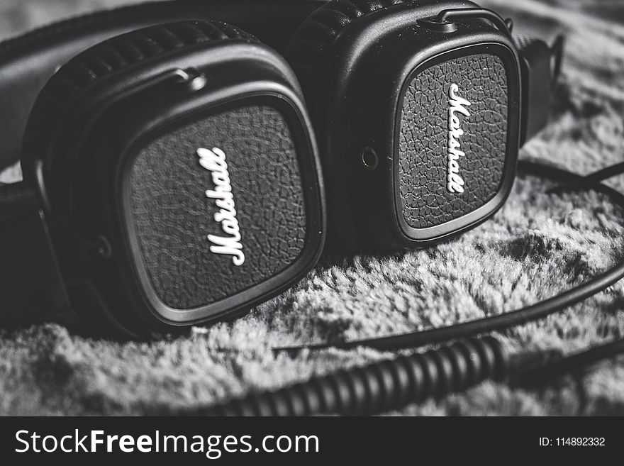 Grayscale Photography of Black Marshall Headphones