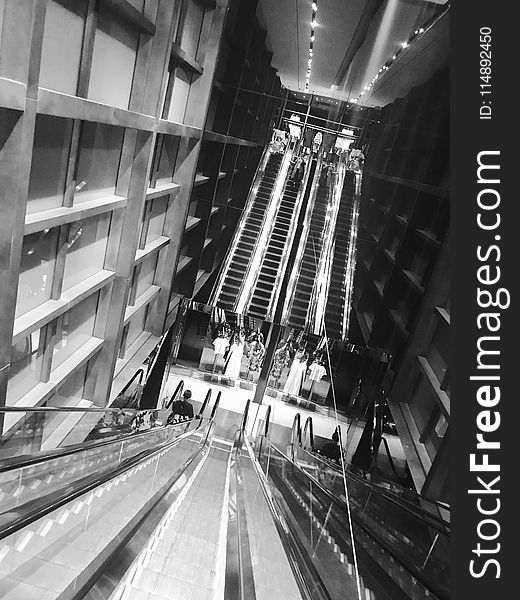 Grey Scale Photo of Escalator