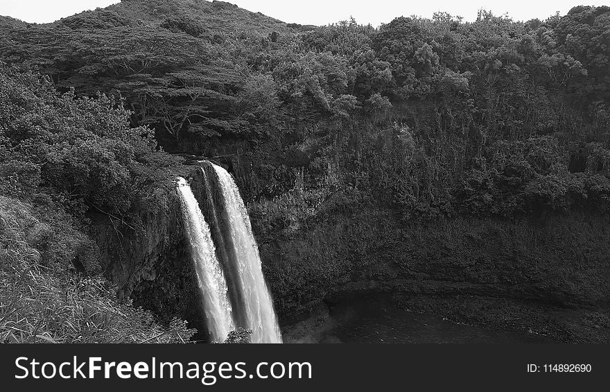 Waterfalls In Grayscale Photography