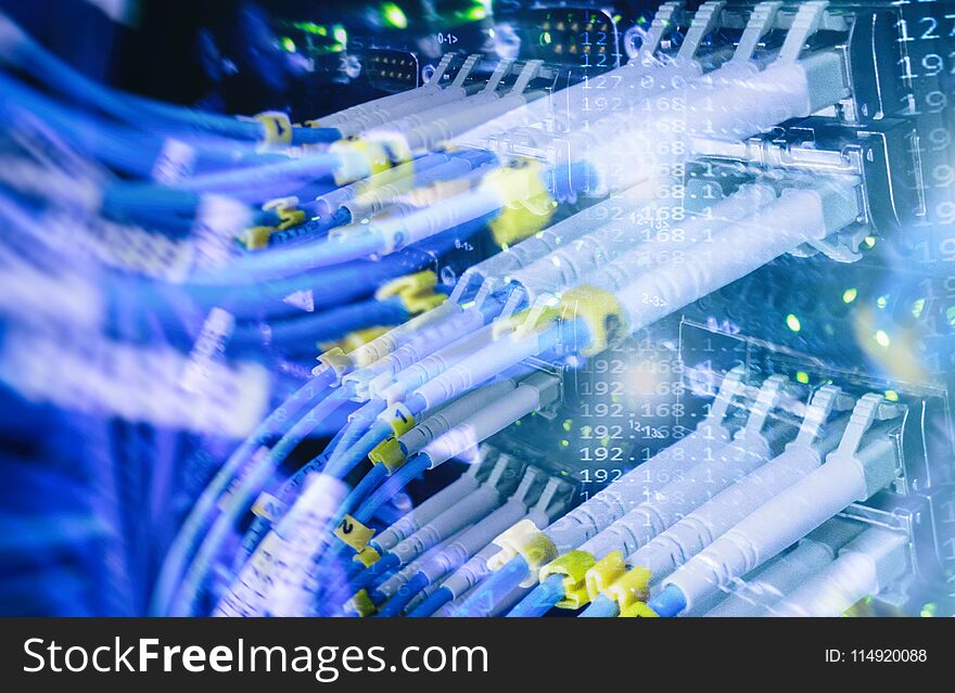 Close up fiber optic cable. Servers racks