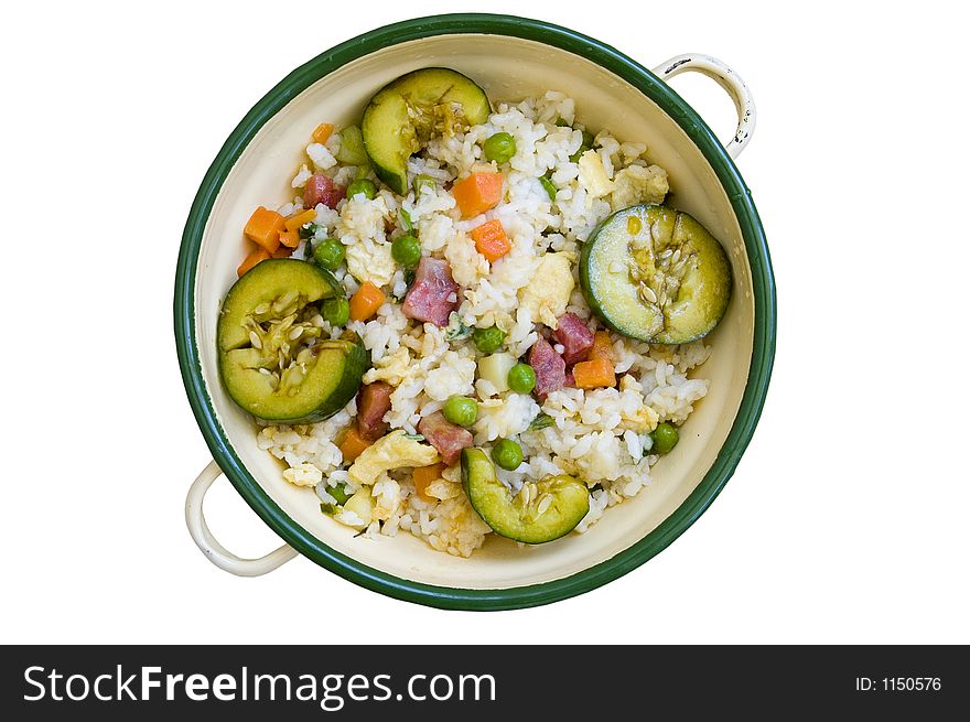 Fried rice with red carrot, green bean,and cucumber
