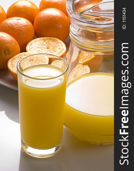 A glass of orange juice with a background of fresh oranges