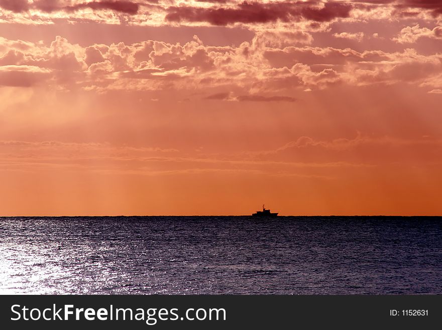 Pacific Sunrise, Small Ship Silouette On Horizon, Sydney, Australia