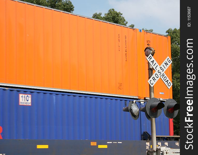 Orange and blue freight train cars