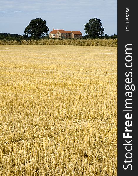 Farmhouse against a cut wheatfield. Farmhouse against a cut wheatfield