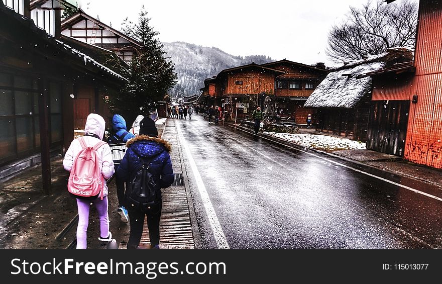 Three People in Hoodie Jackets Walking Beside Road