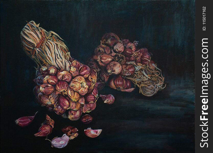 Acrylic painting of red shallot with dark background on canvas. Acrylic painting of red shallot with dark background on canvas