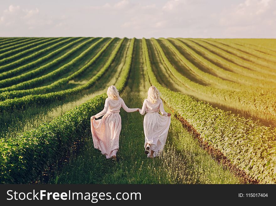 Young beautiful twins of vintage dresses in the field. Young beautiful twins of vintage dresses in the field