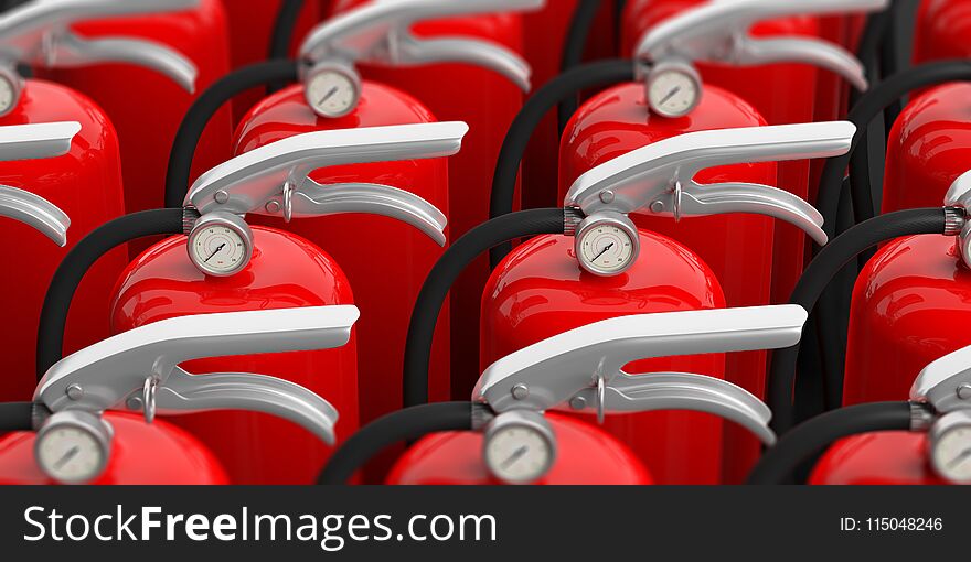 Fire extinguishers with silver handle, closeup view. 3d illustration
