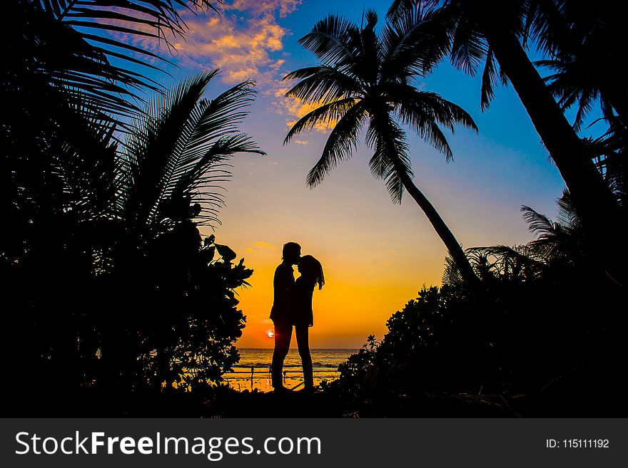 Silhouette of Man and Woman Kissing