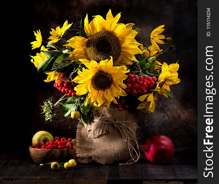 Still life bouquet of sunflowers in a vase