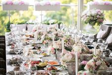 Garland Of Flowers And Greenery For Table Decoration. Luxury Wedding Reception In Restaurant. Stylish Decor And Adorning Stock Images