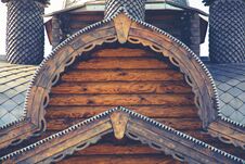 Fragment Of A Log House With Elements Of Russian Architecture, Wooden Carvings Stock Photo