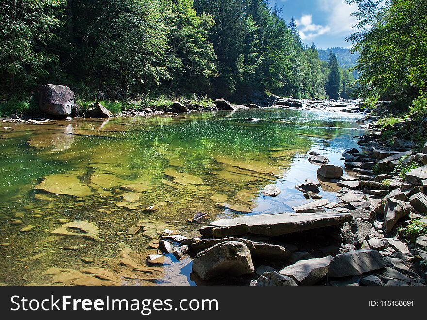 Mountain river flowing through the green forest.