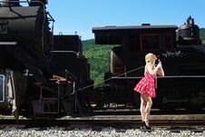 Beauty Caucasian Woman With Long Blonde Hair Posing Near Old Train Stock Images
