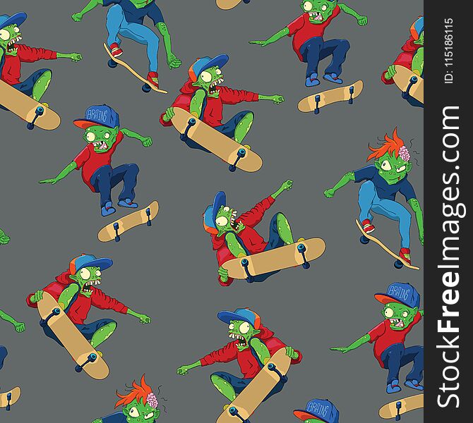 Cool and funny hand drawn zombie skate theme and skate seamless pattern vector