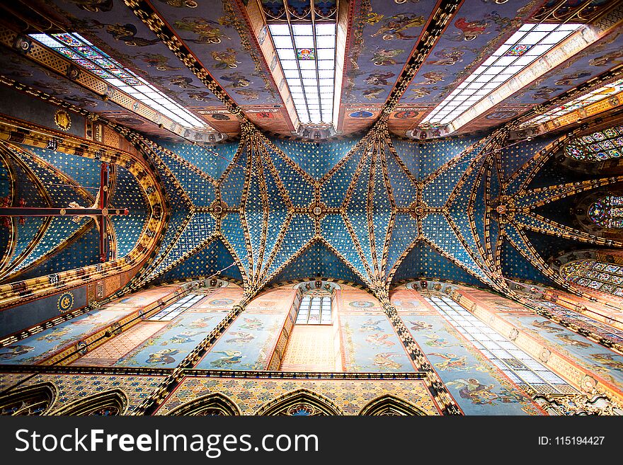 Interior Ceiling of St. Mary's Basilica, a Brick Gothic church adjacent to the Main Market Square in Krakow