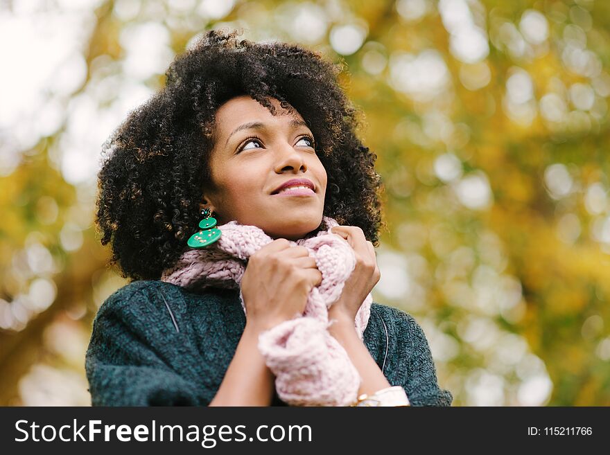 Black pensive woman wearing warm scarf looking up to the autumn trees at the park. Black pensive woman wearing warm scarf looking up to the autumn trees at the park.