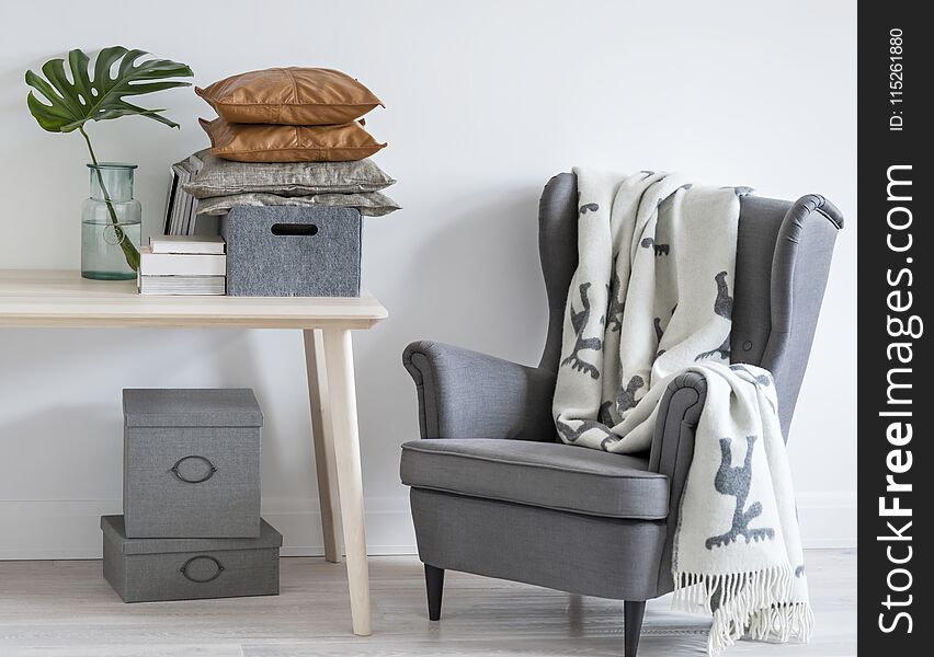 Grey armchair and wooden table with plant in vase, books and pillows in box on minimal living room interior