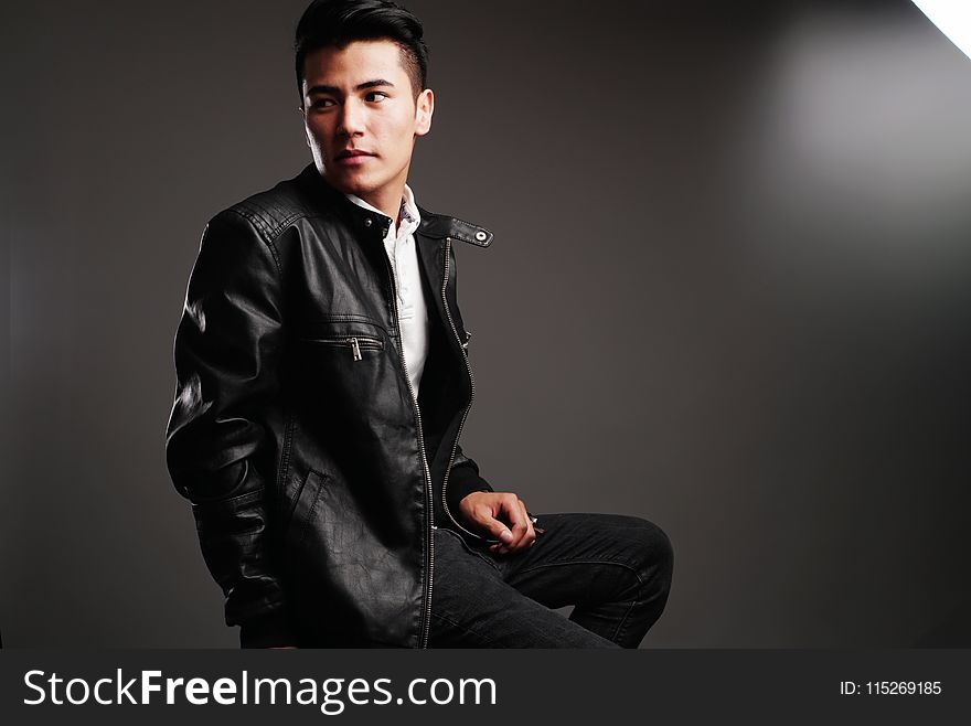 Man in Black Leather Full-zip Jacket