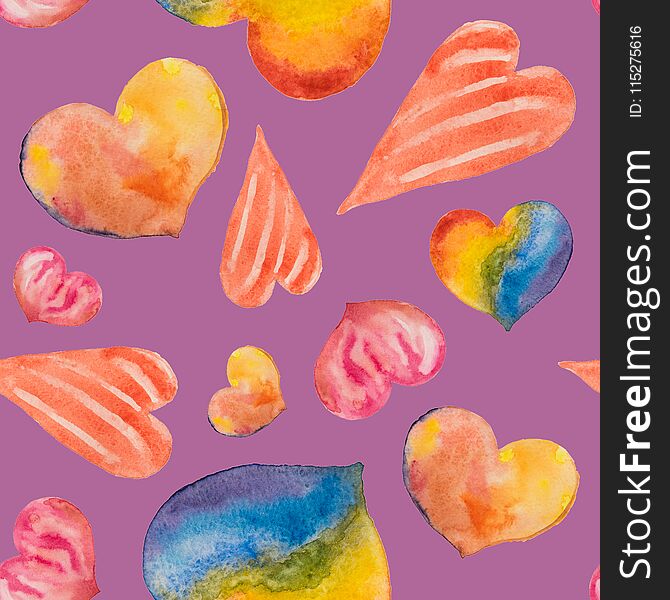 A seamless pattern of beautiful hearts painted in watercolor on