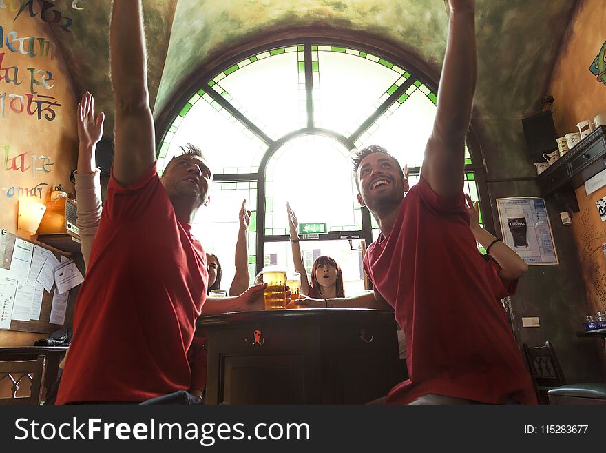 Group of people celebrating in a pub drinking beer