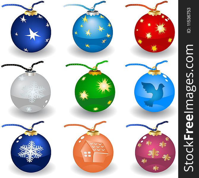 Vector illustration of nine colored realistic Christmas bulbs. Vector illustration of nine colored realistic Christmas bulbs.