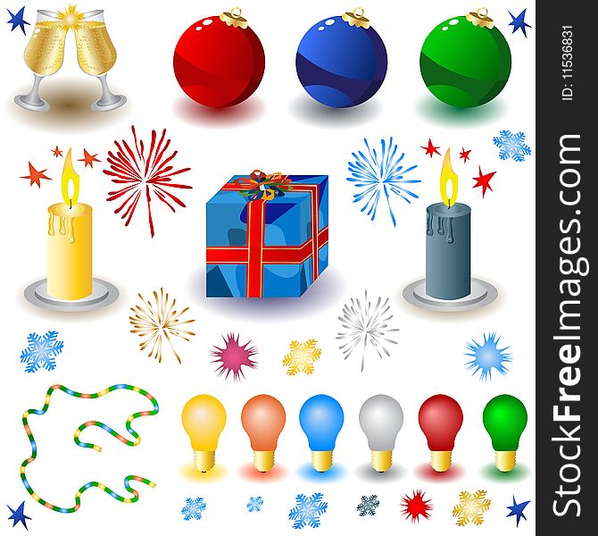 Vector illustration of different colored Christmas icons with decorations. Vector illustration of different colored Christmas icons with decorations.