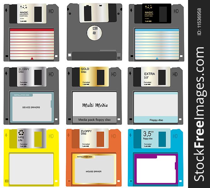 Realistic Vector illustration of nine different floppy discs.