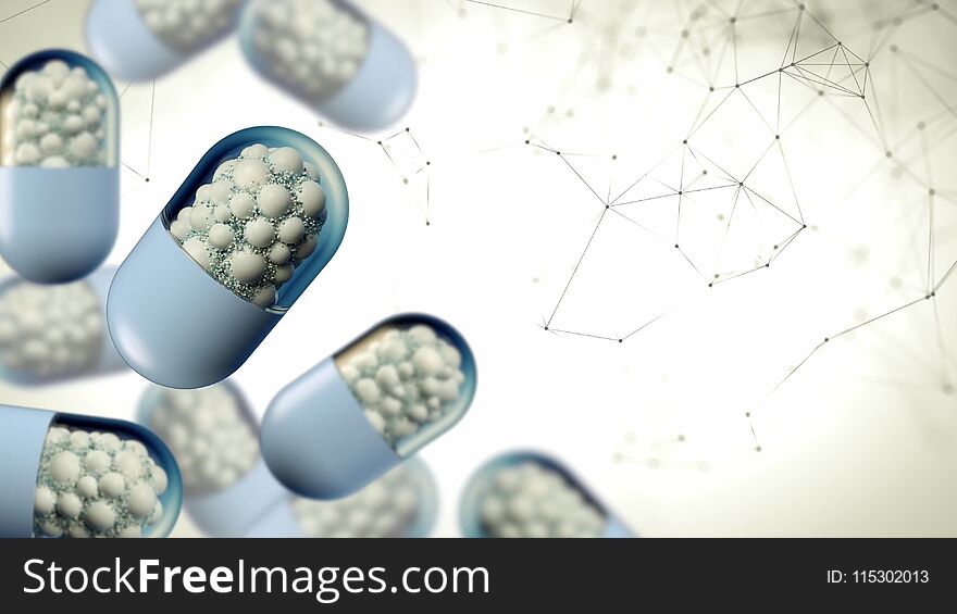 Colorful abstract chaotic structure balls inside the capsule, pharmacy and medical concept on plexus background 3d rendering