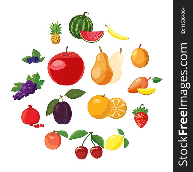 Fruit icons set in cartoon style on a white background. Fruit icons set in cartoon style on a white background