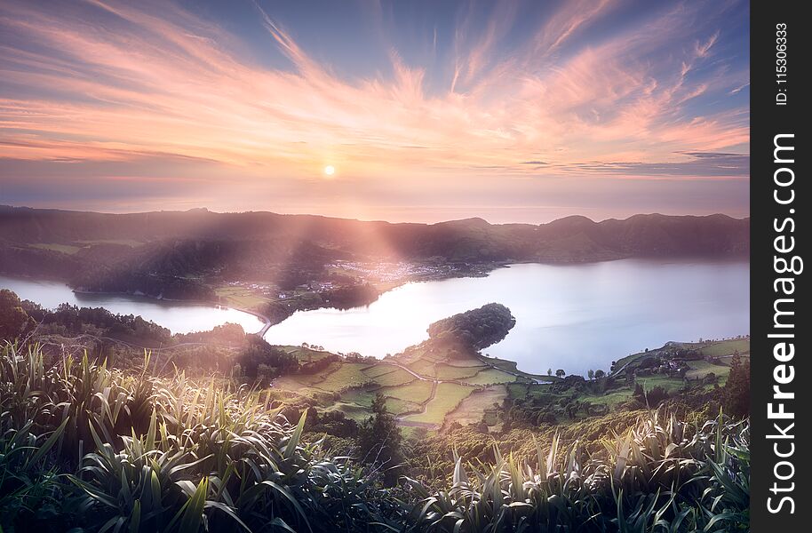 Mountain landscape with hiking trail and view of beautiful lakes Ponta Delgada, Sao Miguel Island, Azores, Portugal. Mountain landscape with hiking trail and view of beautiful lakes Ponta Delgada, Sao Miguel Island, Azores, Portugal.