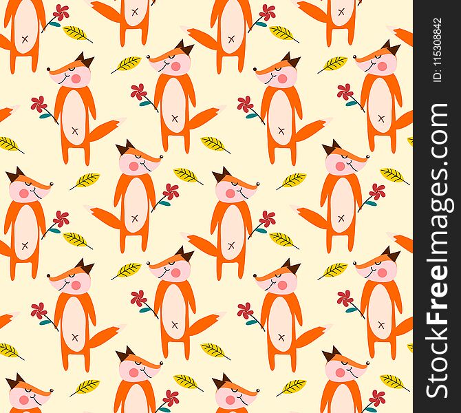 Cute fox hold flower seamless pattern. Lovely animal concept.