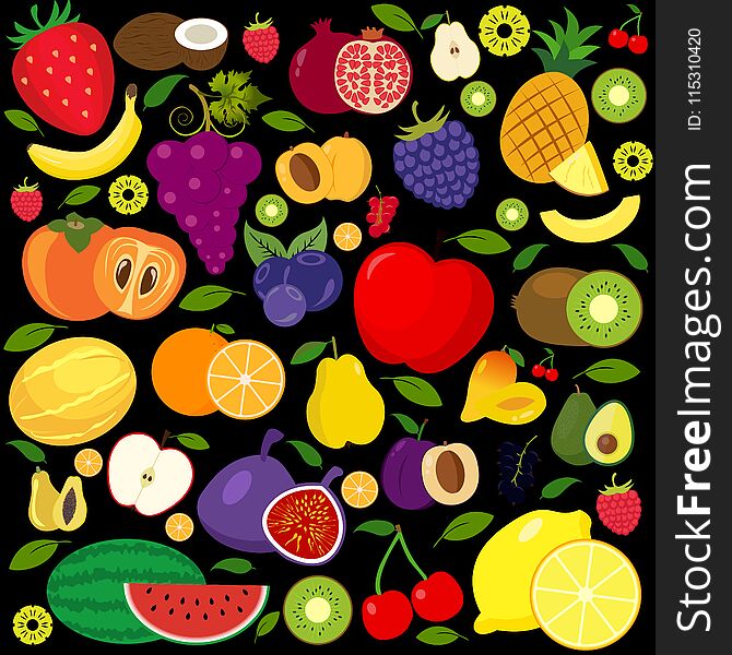 Set of different kinds of fruits icons. Collection of flat design icons presenting different types of fruits isolated on black background. Set of different kinds of fruits icons. Collection of flat design icons presenting different types of fruits isolated on black background.