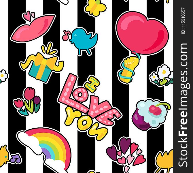 Vector Romantic Love Seamless Pattern in doodle style with shape. Girl fashion ornament. Nice cartoon background. Fun backdrop.