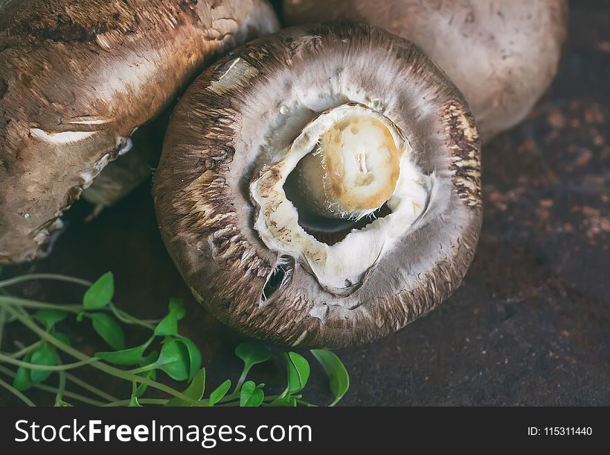 Fresh large Portobello Royal mushrooms with mustard sprouts close-up. Fresh large Portobello Royal mushrooms with mustard sprouts close-up.