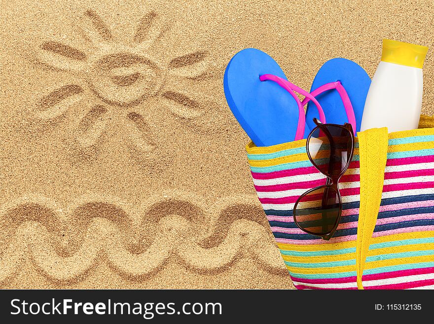 Vacations summer beach bag sunglasses fun suntan lotion flip-flop