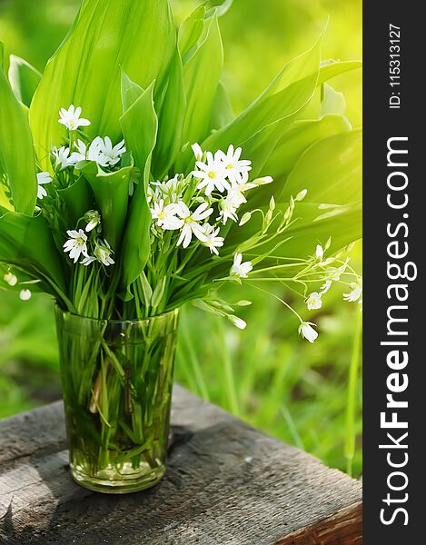 Delicate spring forest flowers in a bouquet with