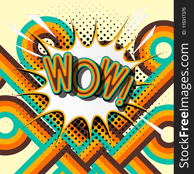 WOW – retro lettering with shadows, halftone pattern on retro poster background. Vector bright illustration in vintage pop art style.
