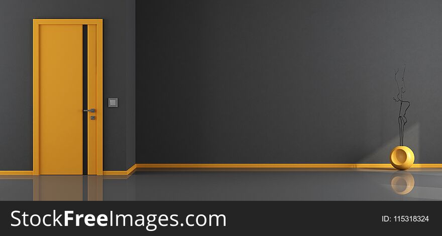 Empty gray and yellow room with closed door - 3d rendering