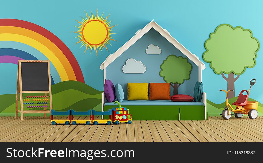 Colorful playroom with bed, blackboard and toys - 3d rendering