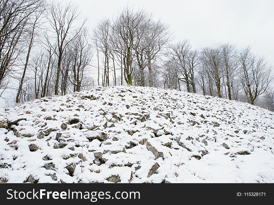 Basalt boulders field. Exposed mountain peak