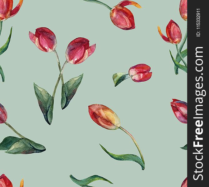 Watercolor flowers red tulip. Seamless pattern on green background.