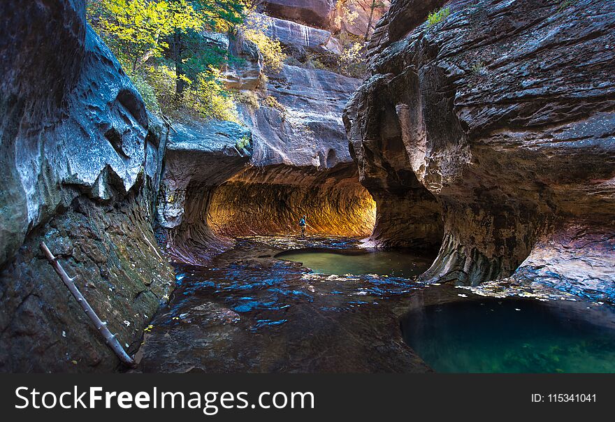 A man standing at the Subway, Zion National park