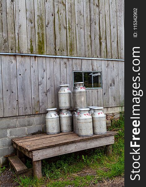 Milk cans on a loading platform ready for pick up from an Amish farm in Kishacoquillas Valley in Mifflin County, PA.