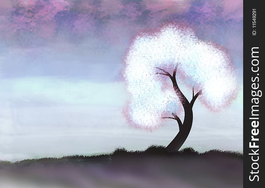 Digital painting of white snow tree in the cold season. Digital painting of white snow tree in the cold season